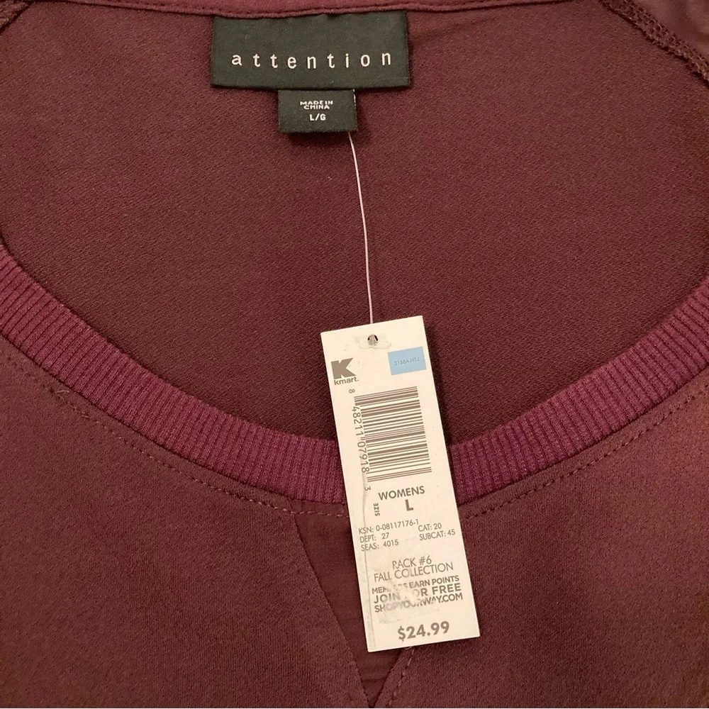 Attention Burgundy Sheer Long Sleeve Sweater Womens Minimalist Fall Top Large